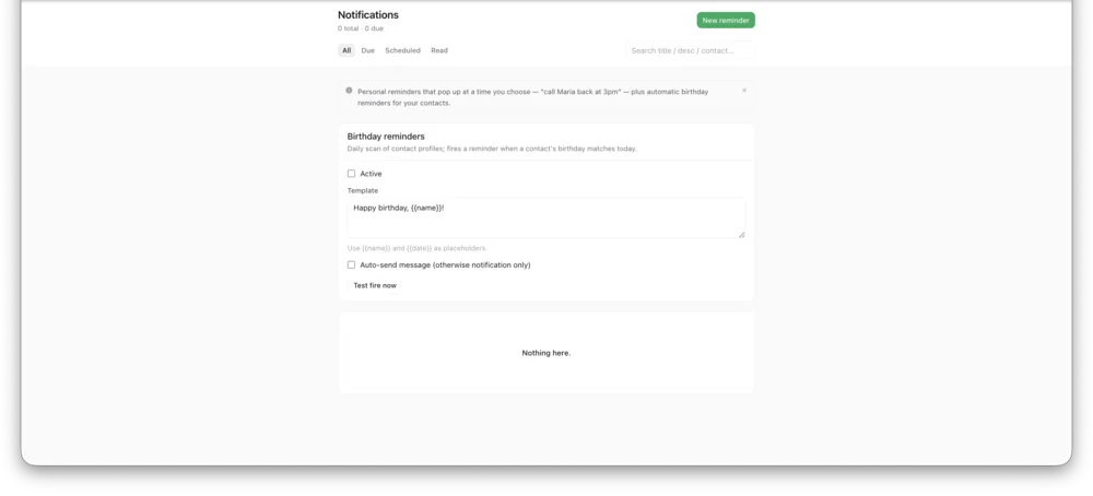 Notifications & Reminders — InboxCRM screenshot