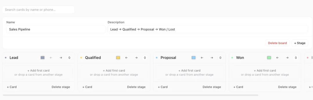 InboxCRM CRM pipeline kanban board with Lead, Qualified, Proposal and Won stages