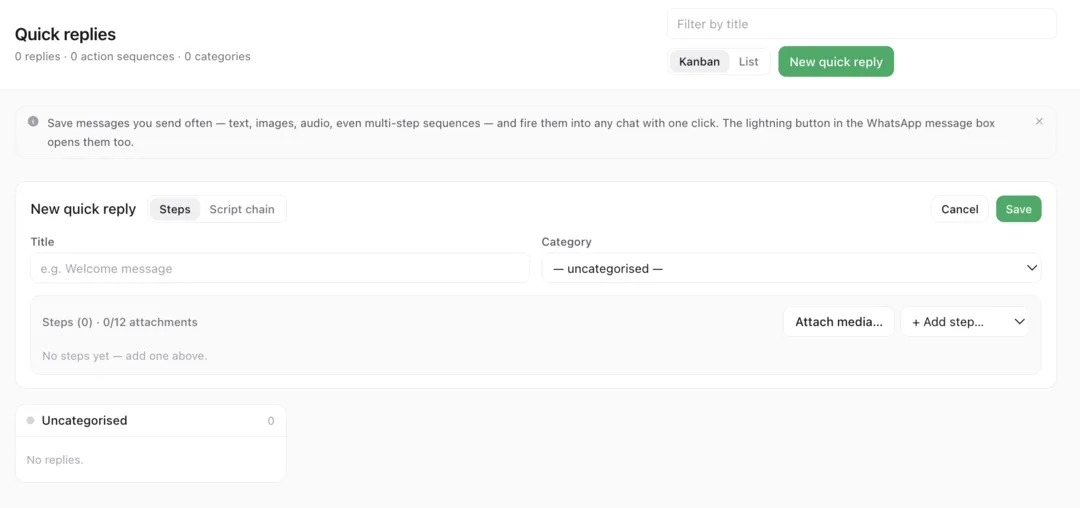 InboxCRM quick replies editor for creating a new reply with a title, category, steps and media attachments